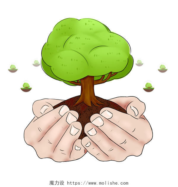 绿树大树植树节312手绘环保手捧草地和树木卡通元素312植树节